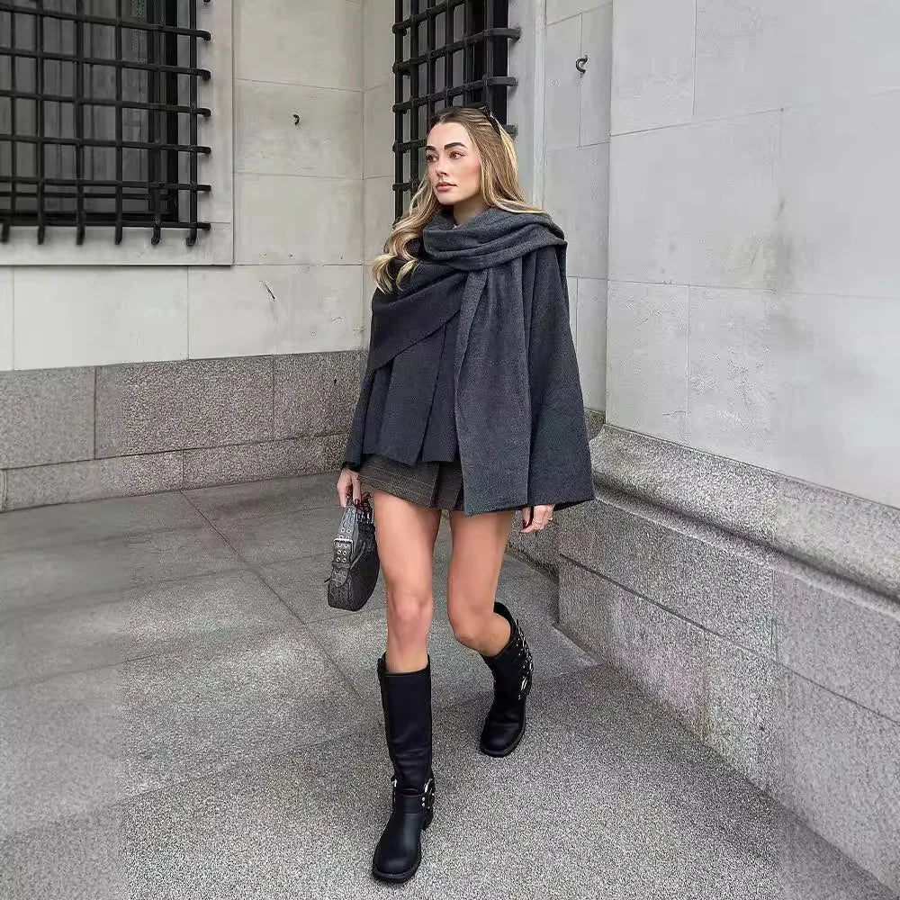 Women Fashion Scarf Decorated Woolen Jacket Casual Solid Long Sleeve Loose Warm Overcoat 2025 Autumn Winter New Lady Chic Coat