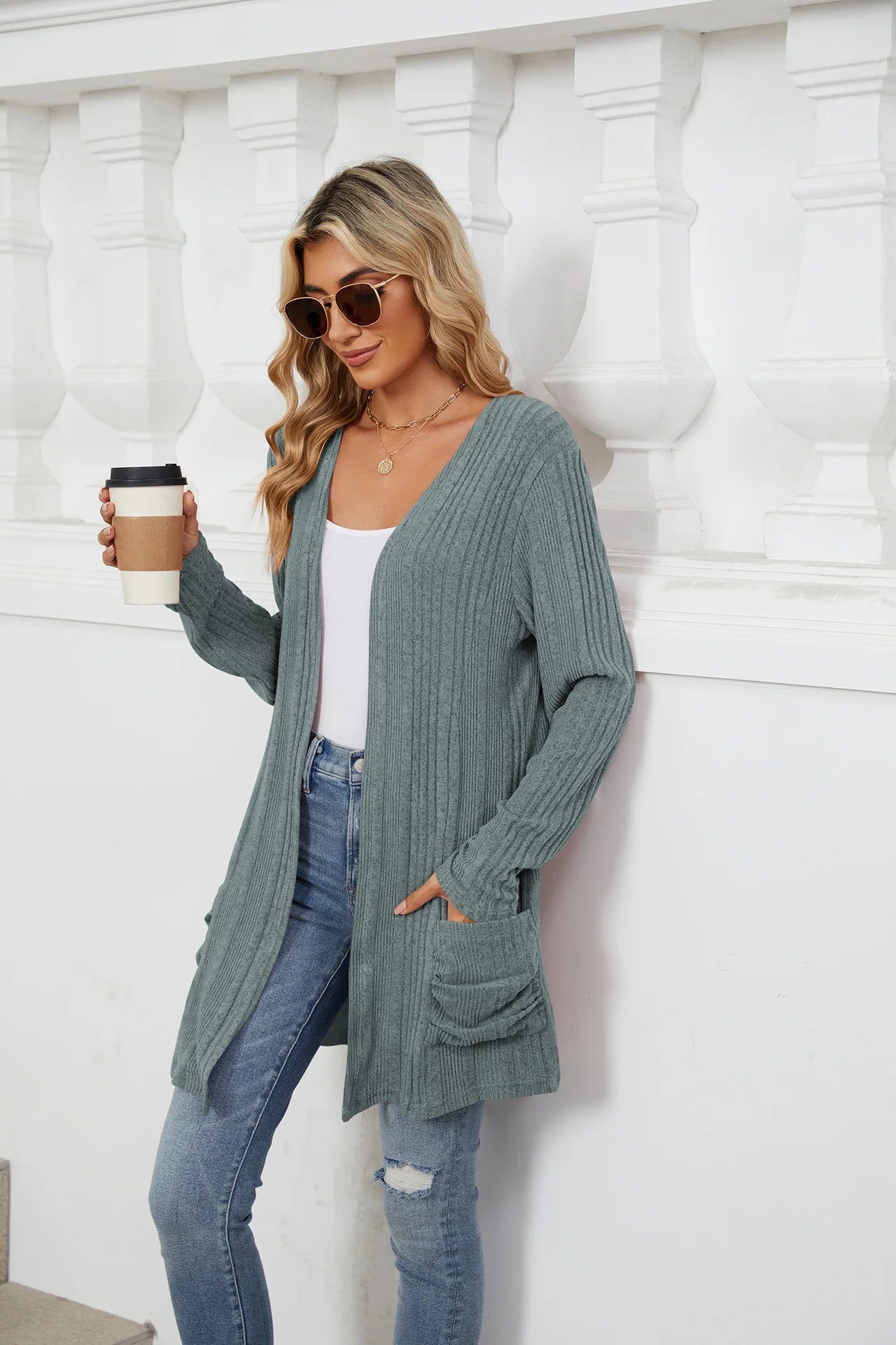 Autumn Winter New Solid Color Pit Stripe Brushed Pocket Cardigan Best Selle Long Sleeved Jacket for Woman Clothes