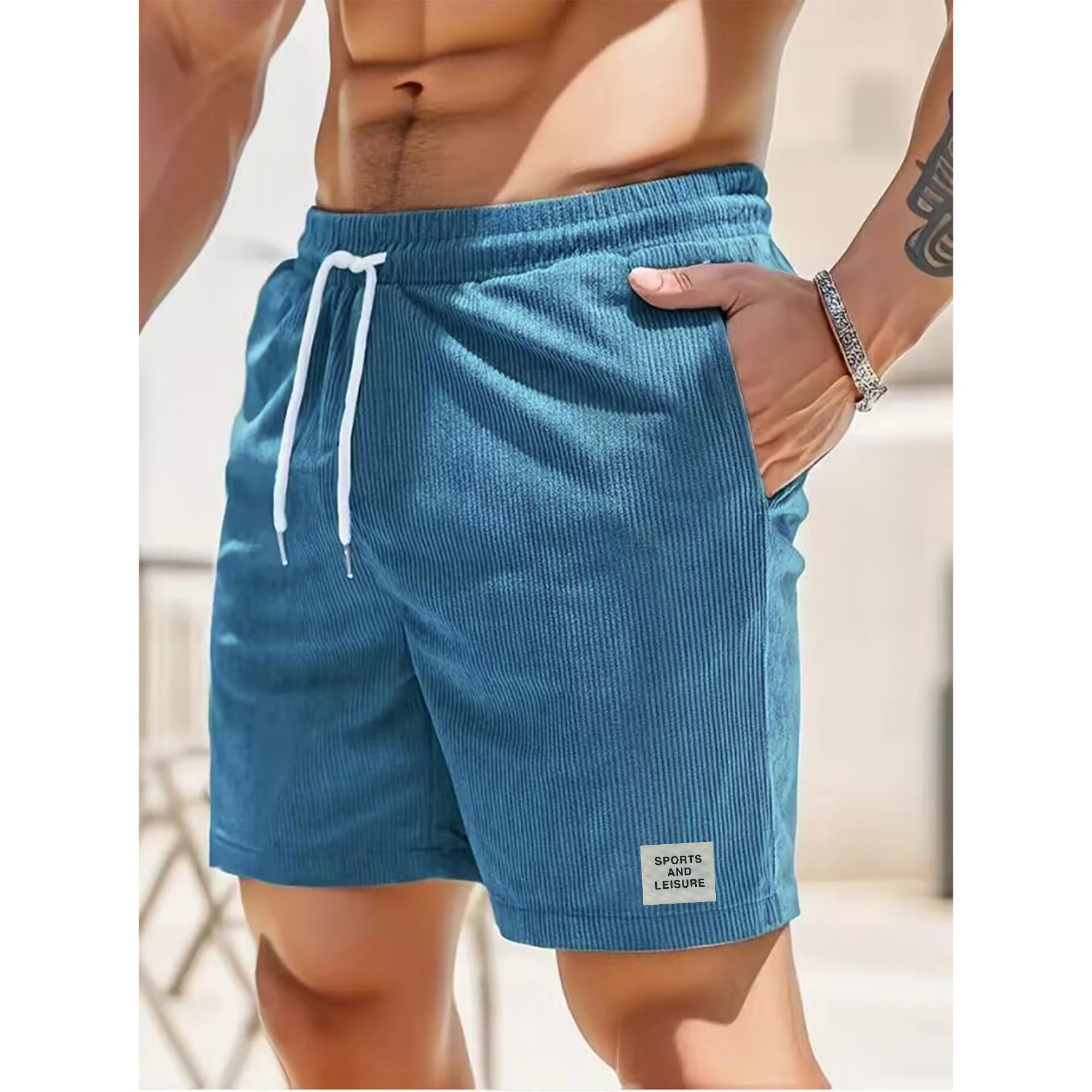 Summer new solid color lace-up sweatpants corduroy simple quarter shorts men's shorts casual pants