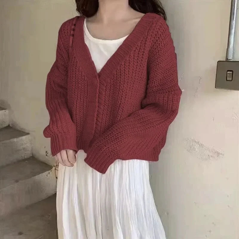 Women's Short Sweater Cardigan Sweet Cute College Style Single Button Knitted Cardigans Autumn Winter Thicken V-Neck Knitweat