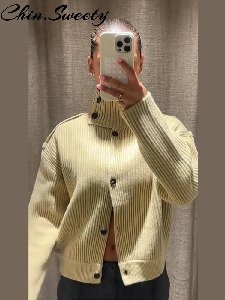 Elegant Solid Women Knitted Cardigan Pleated Stand Collar Single-Breasted Female Knitwear 2025 Autumn Winter Chic Lady Outerwear
