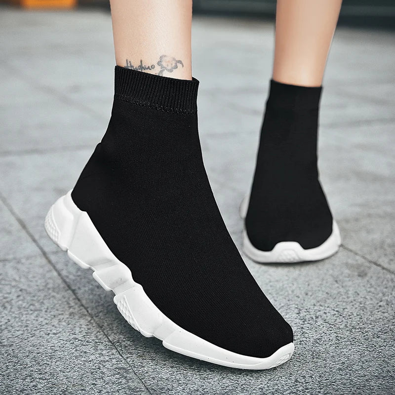 Classic Black High Top Sneakers Men Women Lightweight Socks Couple Casual Sneakers Knit Breathable Slip-on Men's Running Shoes