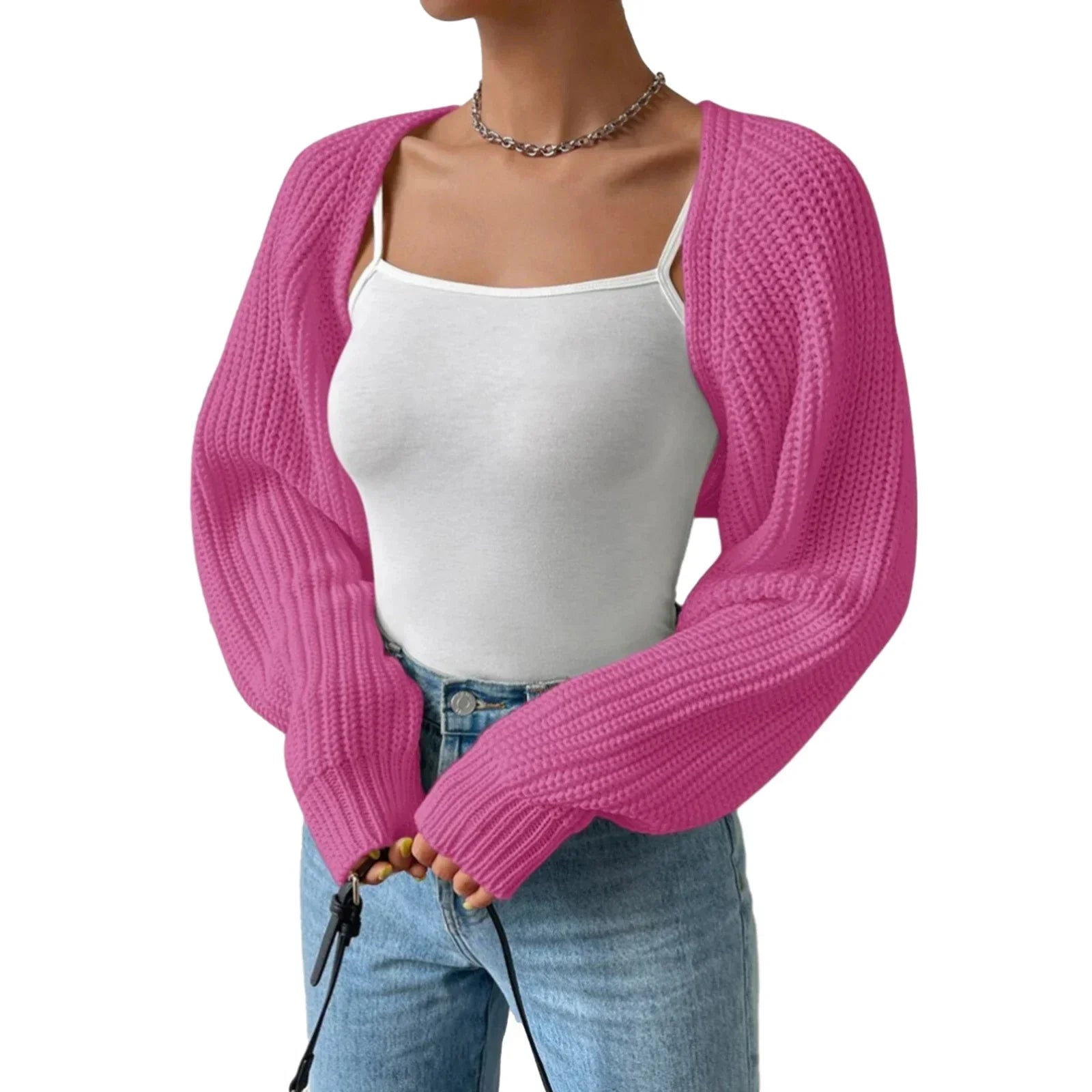 Women's Fashion Open Front Crochet Cardigan Casual Long Sleeve Solid Color Sweater Ribbed Knit Shrug Sweater Bolero Tops