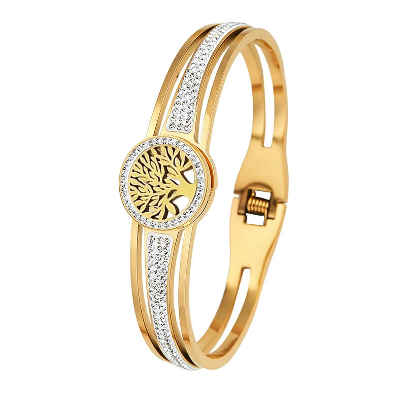 316L Stainless Steel Mud Crystal Micro Embedded Spring Hollow Life Tree Bracelet Women's Bangle