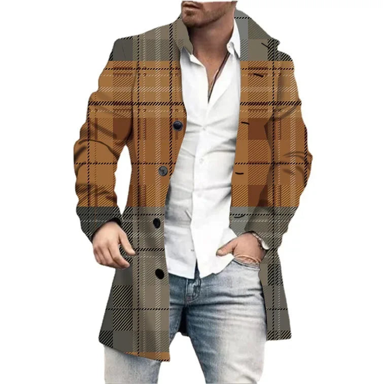 Autumn Winter Retro Print Woolen Coat Men Casual Single Breasted Lapel Long Sleeve Coat Men Fashion Loose Pocket Mid Long Jacket