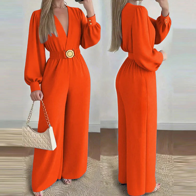 Autumn Elegant V-neck Solid Long Jumpsuits Fashion Commuting Belt Lace-Up Wide Legger Romper Casual Long Sleeve Women's Playsuit