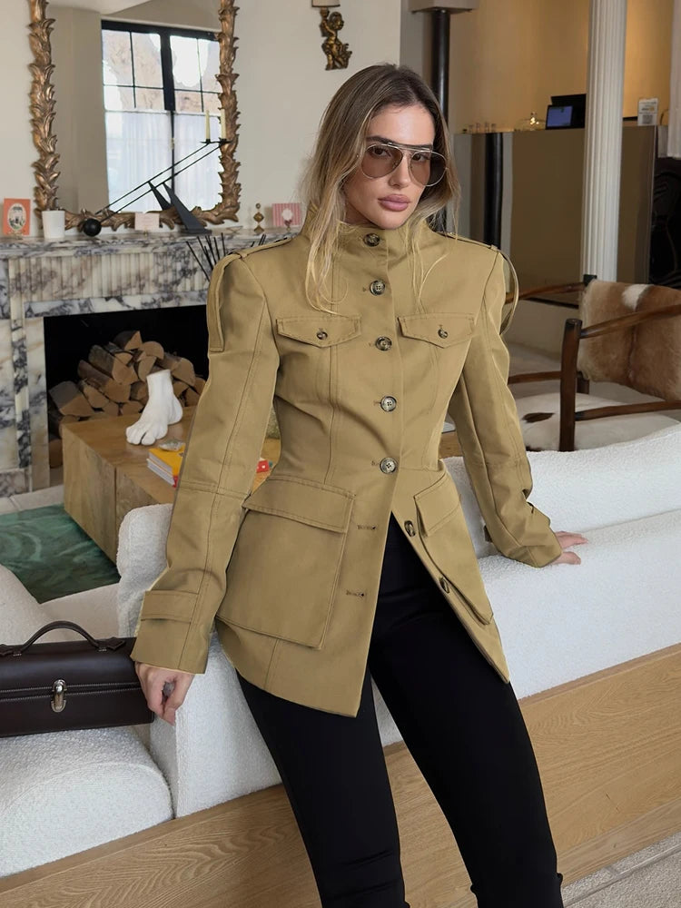 Elegant Stand Collar Trench Coats Women Y2K Long Sleeve Pockets Waist Jacket 2026 Autumn Street Lady Single Breasted Outerwear