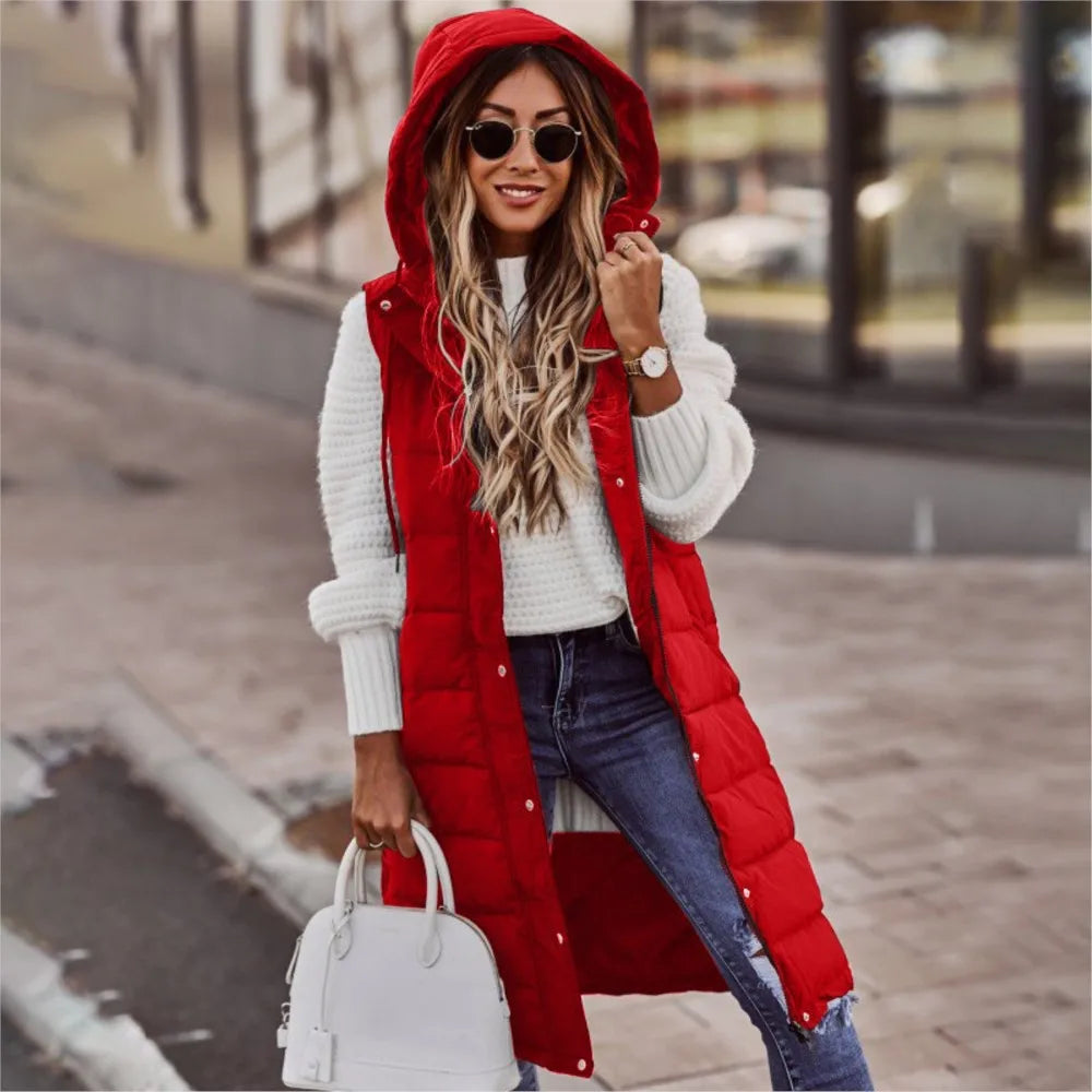 Casual Vest Hooded Single Breasted Mid-length Cotton Padded Jacket Winter Fashion Button Zipper Fitted Cardigan Female Vest Coat