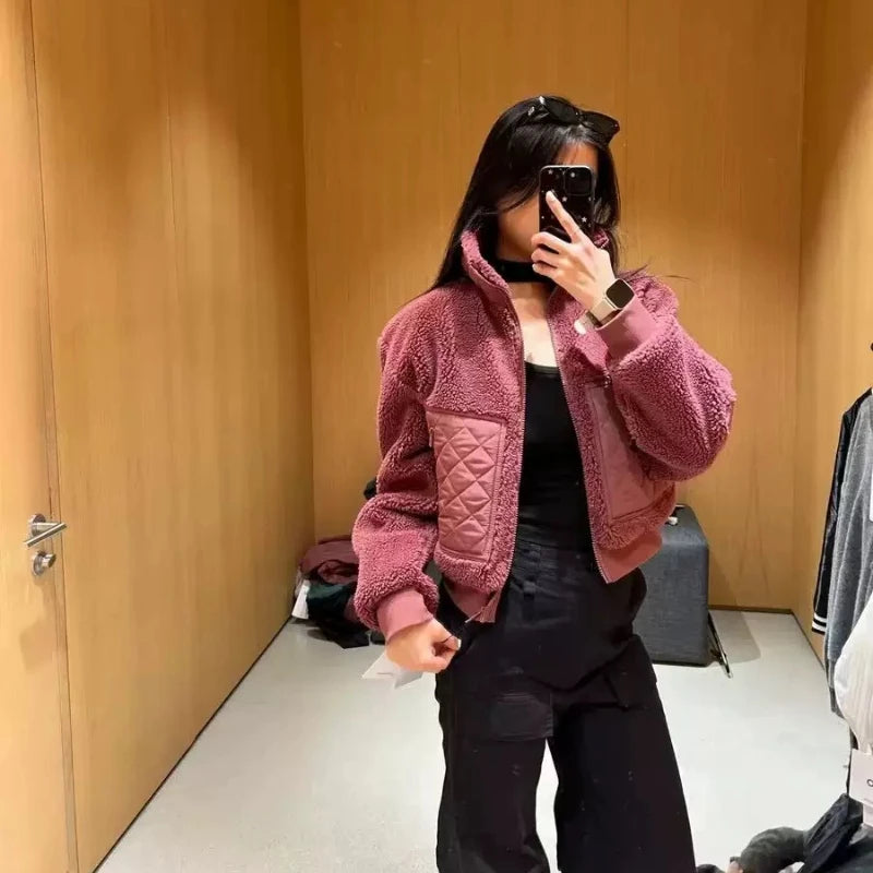 2025 Autumn New Lamb Plush Warm Coat Fashion Stand-up Collar Zipper Winter Jacket Women Outerwear High Waist Thicken Coats