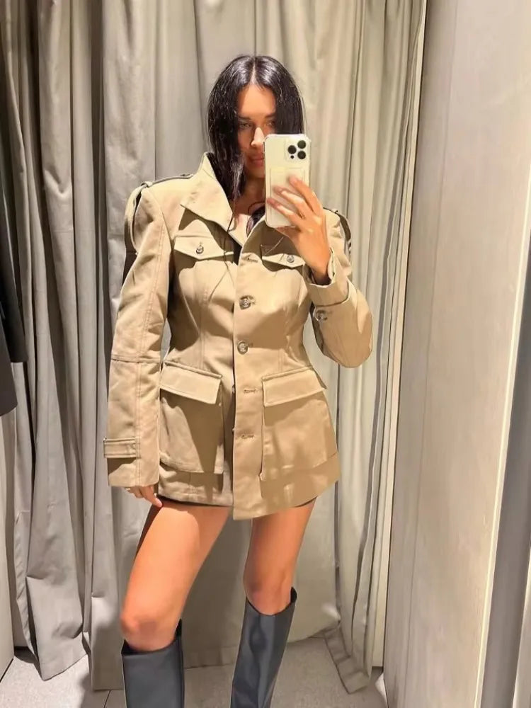 Tidalyf 2025 New Women Casual Jacket High Neck Single Button Shoulder Strap Cuff Strap Pocket Design Chic Fashion Autumn