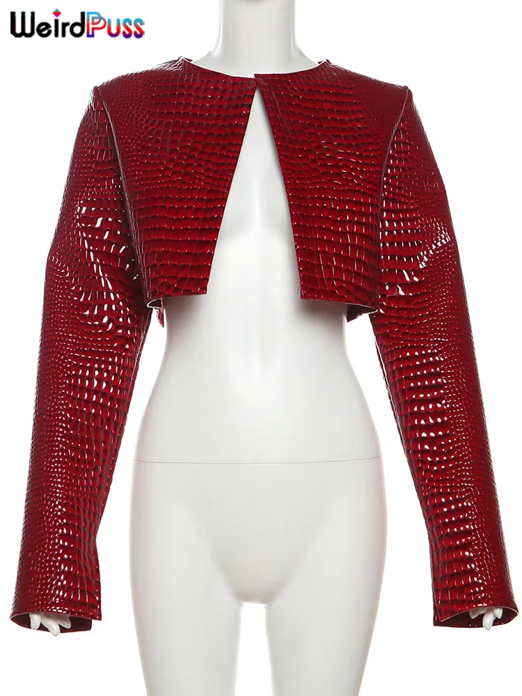 Weird Puss Faux Leather Crop Jacket Women Hipster Autumn Trend Snake Print O-Neck Full Sleeve Streetwear Wild Basic Outwear Coat