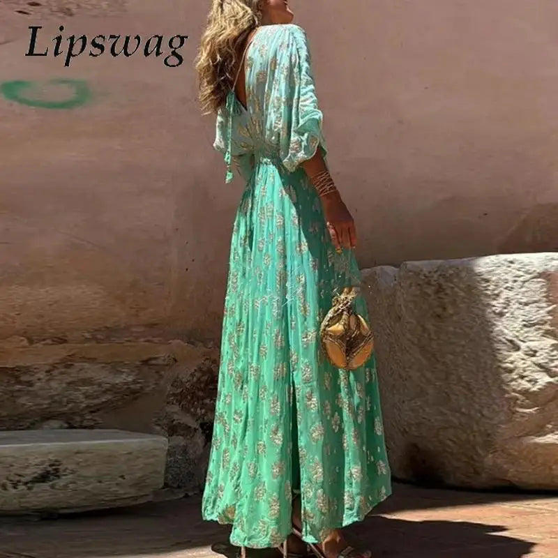 High Street V-neck Loose Slit Pants One Piece Elegant Print Waist 2024 Romper Women Lady Flare Sleeve Hollow Back Beach Jumpsuit