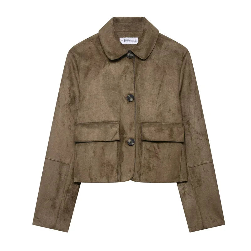 Female Elegant Lapel Single-breasted Pockets Decoration Solid Street Style Jackets Women Autumn Vintage Slim Short Jacket