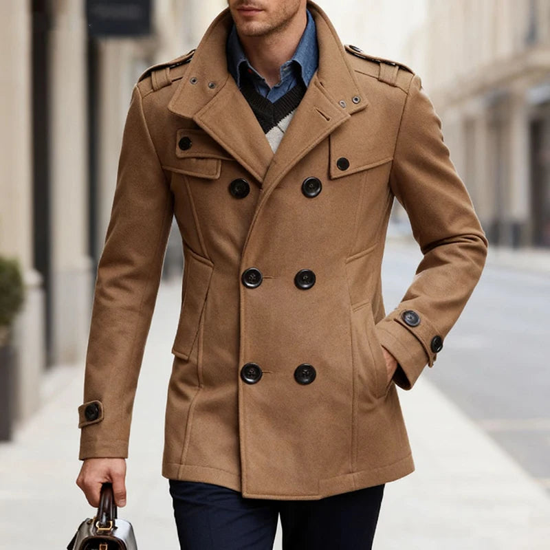 Vintage Lapel Double-breasted Woolen Coats Men Fall Winter Solid Color Trench Coat Casual Men's Slim Mid-length Overcoat