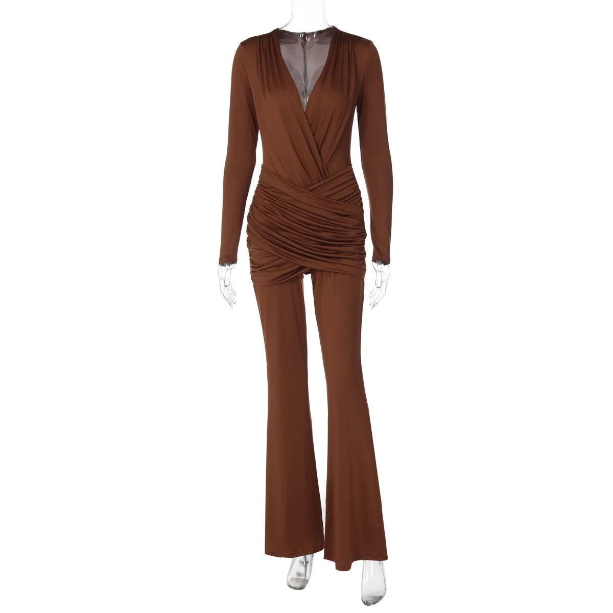 SsTss Solid Sexy Deep V Neck Long Sleeve Jumpsuits for Women 2025 Autumn Fashion Cross Ruched Slim Bodycon Flare Pants Rompers