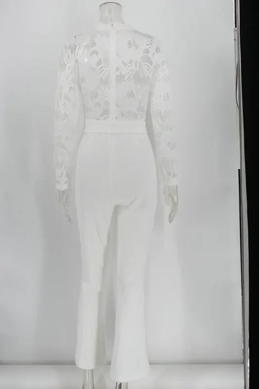 White Lace Jumpsuit Women Sexy V Neck Lace-up Stitching Long Sleeve Wide Leg Long Pants Office Lady Romper Overalls Jumpsuits