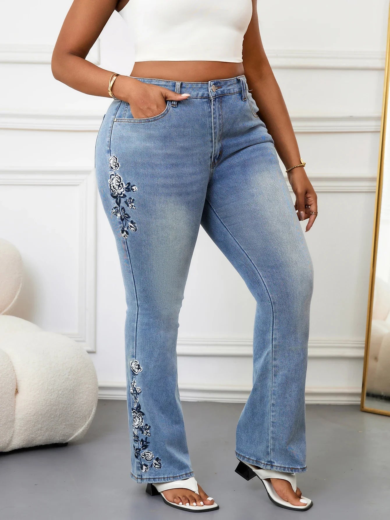 Plus Size Elegant Bootcut Denim Jeans for Women Tummy Control High Rise Curvy Fit Floral Design Slimming Dressy Jeans Pants