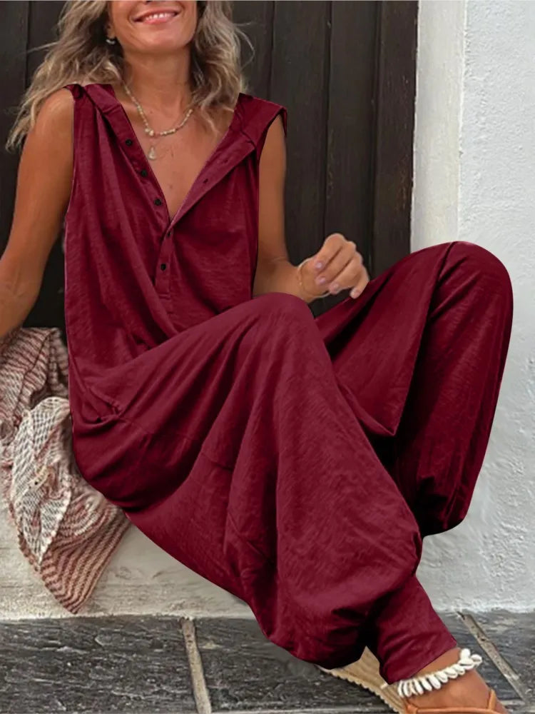 Fashionable Sleeveless Hooded Collar Jumpsuit Women Spring Summer Button Pocket Loose Casual Baggy Pants Jumpsuits Female