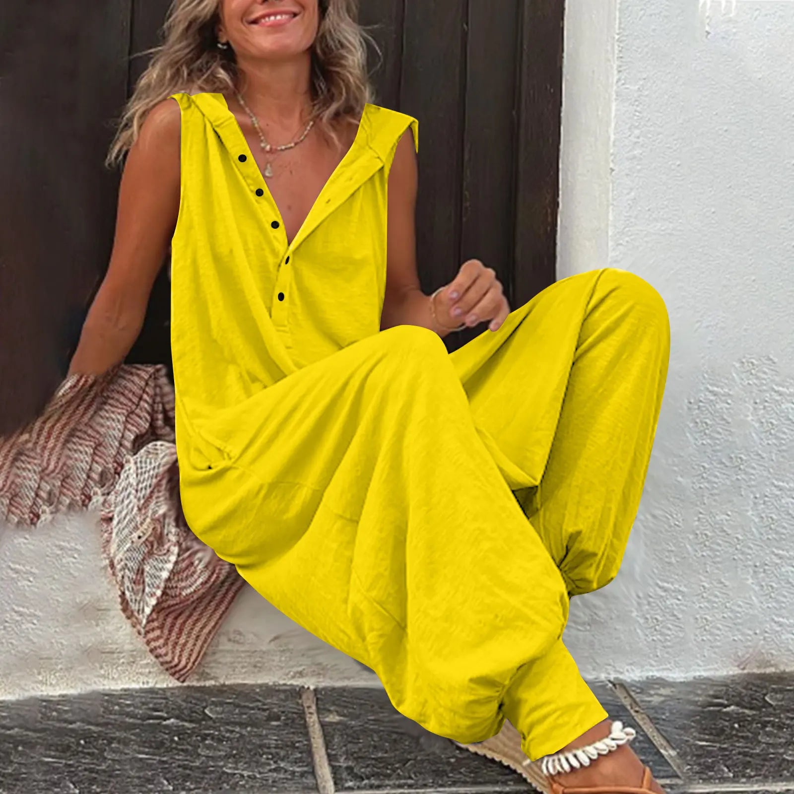 Fashionable Sleeveless Hooded Collar Jumpsuit Women Spring Summer Button Pocket Loose Casual Baggy Pants Jumpsuits Female