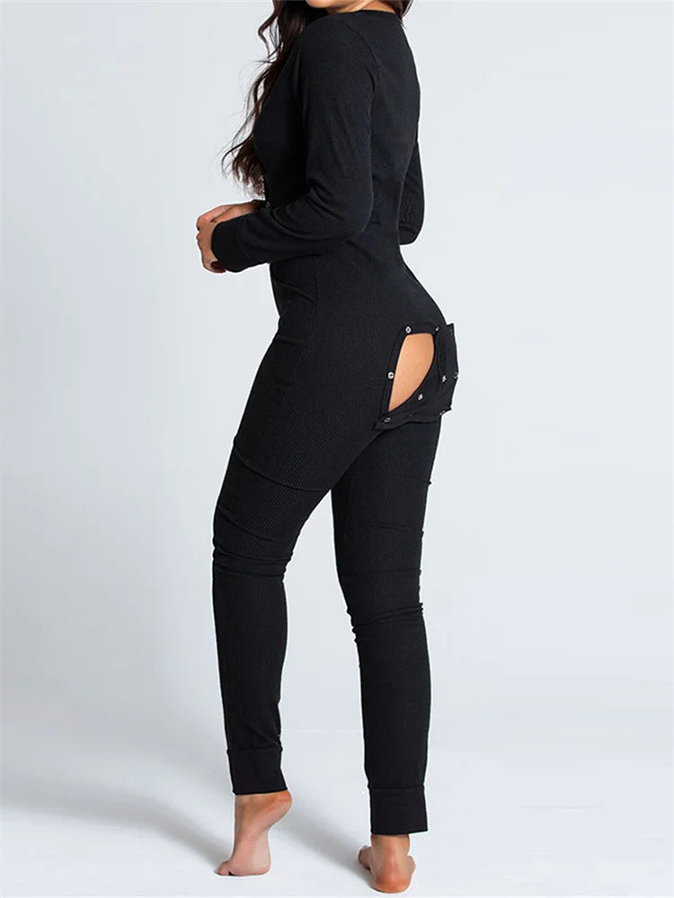 Women Jumpsuits Pajama Long Sleeve V Neck Bodycon Hip Detachable Crotch Romper Bodycon Playsuits Casual Loungewear
