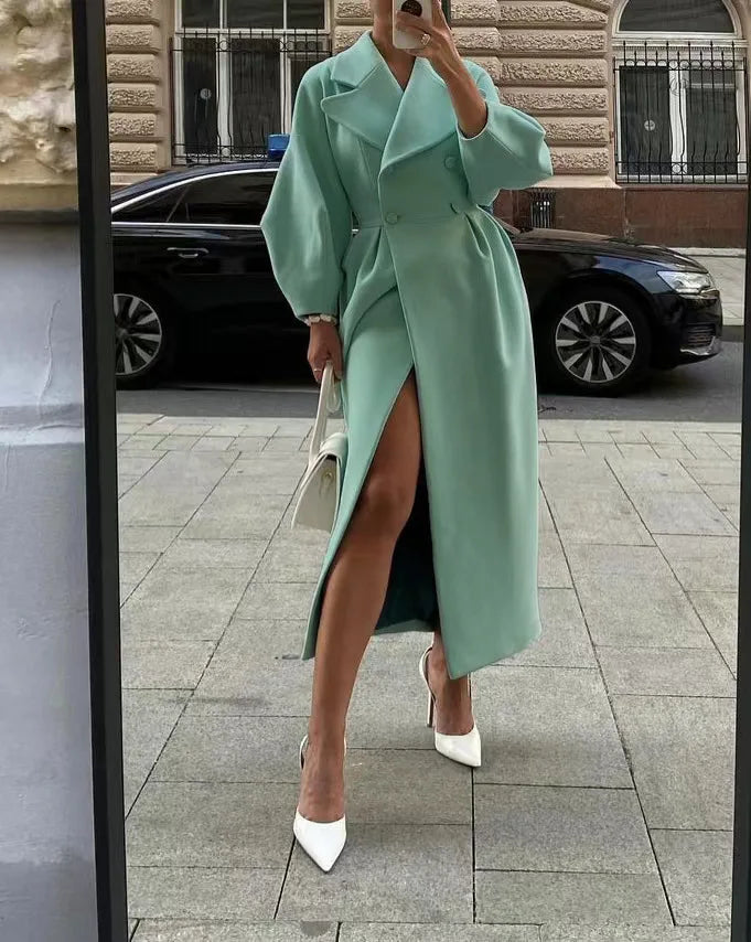 Autumn Lantern Sleeves Women Vintage Court Coat Lapel Double Row Button Office Women's Long Jacket Windbreaker Thick Street Coat
