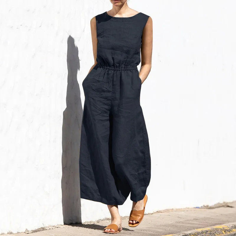 Women Fashion Wide Leg Pant Jumpsuit Summer Casual Solid O- Neck Sleeveless Pocket Playsuit Ladies Loose Boho One-Piece Pants