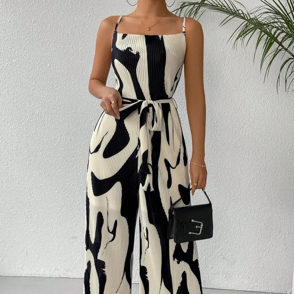 Women's summer new printed wide leg pants casual set jumpsuit