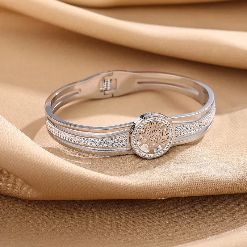 316L Stainless Steel Mud Crystal Micro Embedded Spring Hollow Life Tree Bracelet Women's Bangle