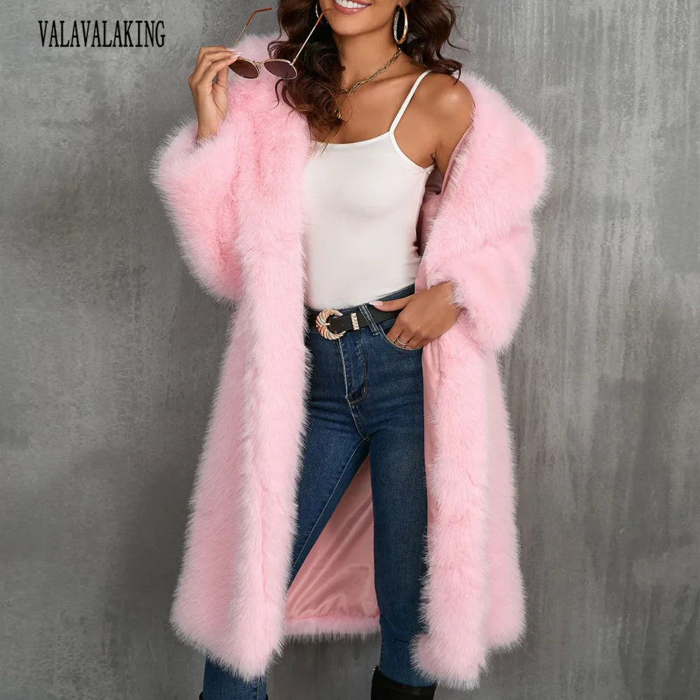 2025 Winter Plus Size Faux Fur Long Coat Women Big Collar Long Sleeve Fluffy Cardiga Jacket Lady Large Thick Warm Furry Outwear