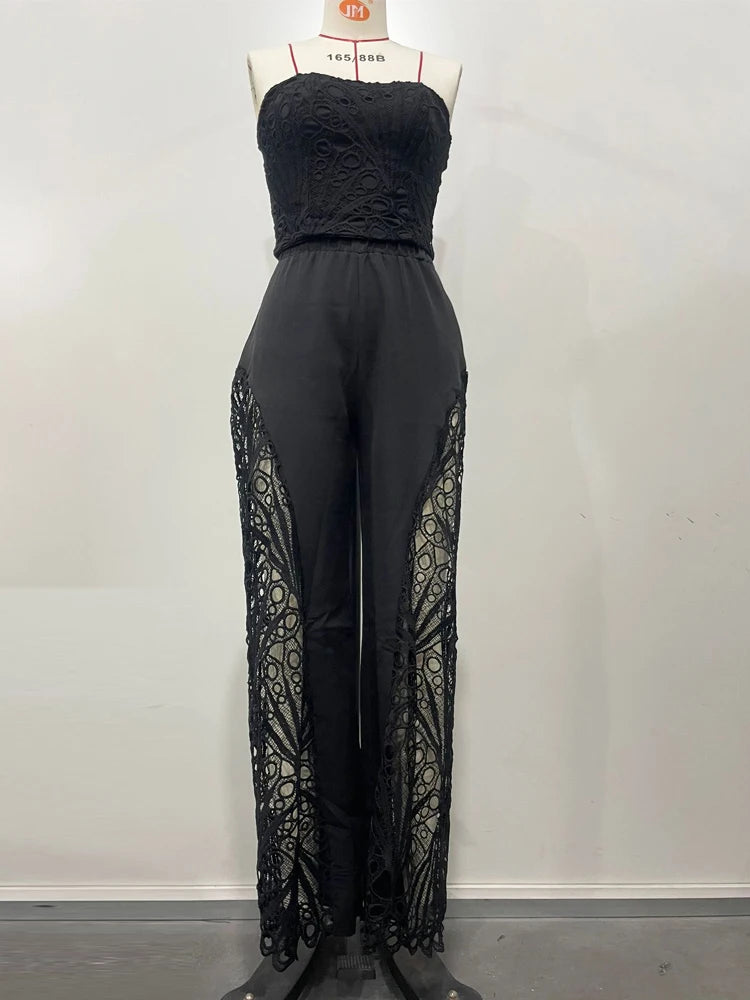 Beyprern Elegant Hollow Out Lace Breast Croset Tube Top And Wide Legs Pants Set Womens Lace Tracksuits Palazzo Set Sexy Clubwear