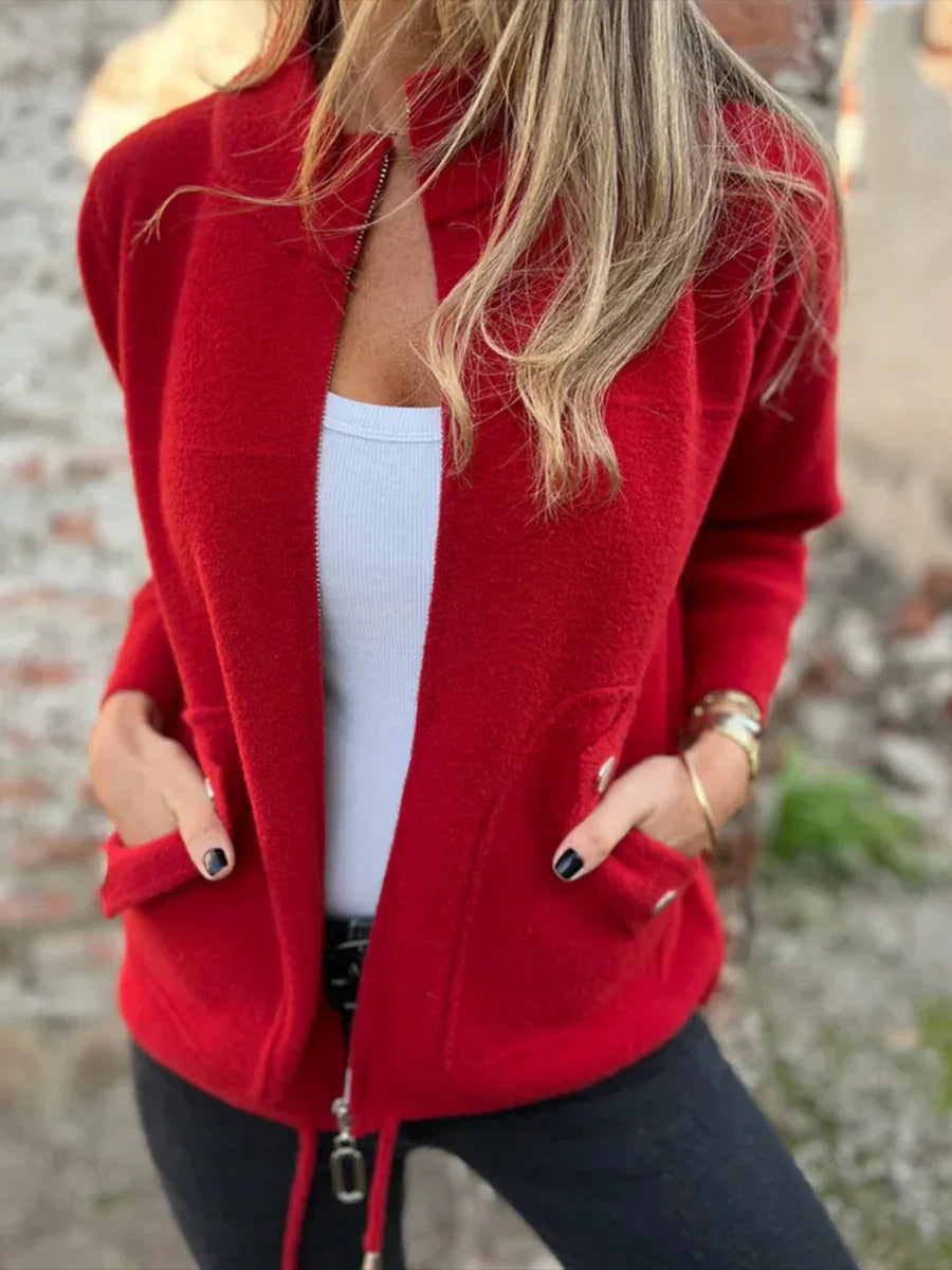 Lightweight Casual Zipper Cardigan Wool Jacket For Women's Autumn Stand Collar Tether Pocket Loose Versatile Female Wool Coat