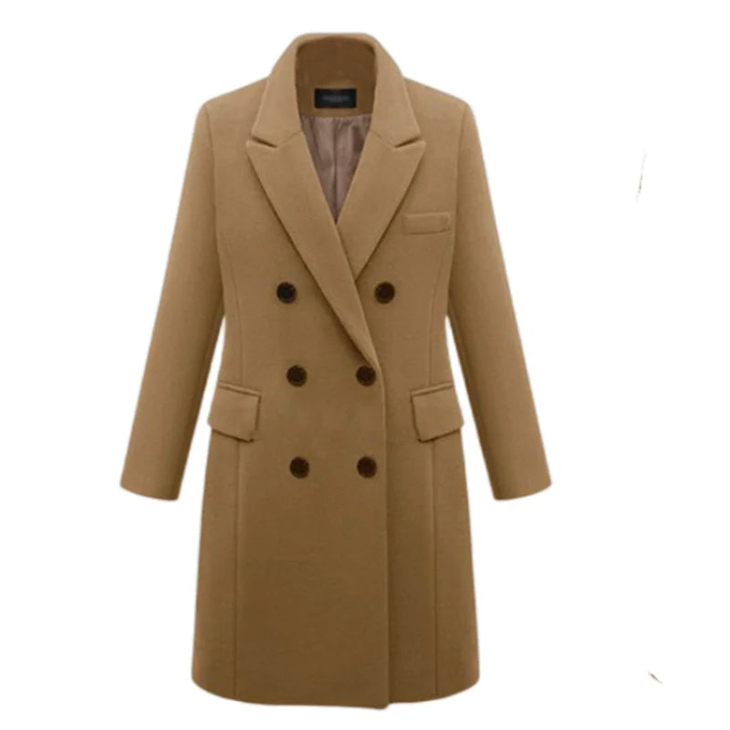 Officewear Casual Women Jackets Fashion Ladies Wool Loose Outwear Elegant Lapel Solid Double-breasted Coats For Autumn Winter
