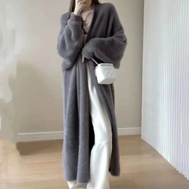 FSMG Elegant Solid Long Pure Imitation Mink Fleece Cardigans Women Knee Length Knitted Cashmere Sweater High Street Warm Coat