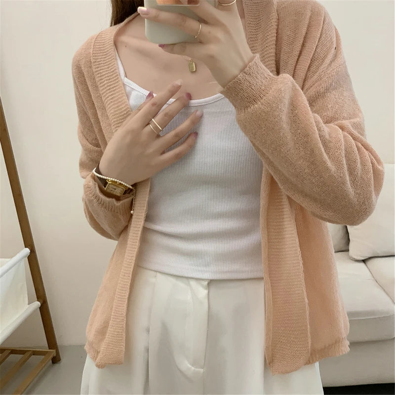 2025 Korean Style Women Long Sleeve Elegant Cardigan Sweater Autumn Solid Color Knitted Top Casual Knitwear