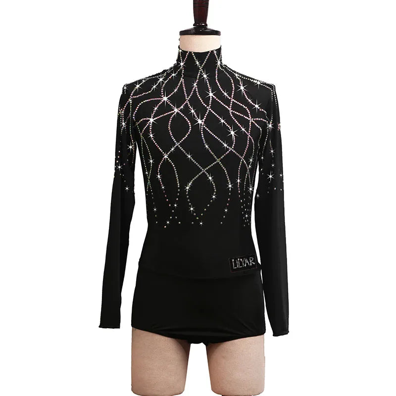 New Man Latin Dance  Performance Competition Performs Adult Black High Neck Long Sleeved Sparkling Diamond Jumpsuit Custom Color