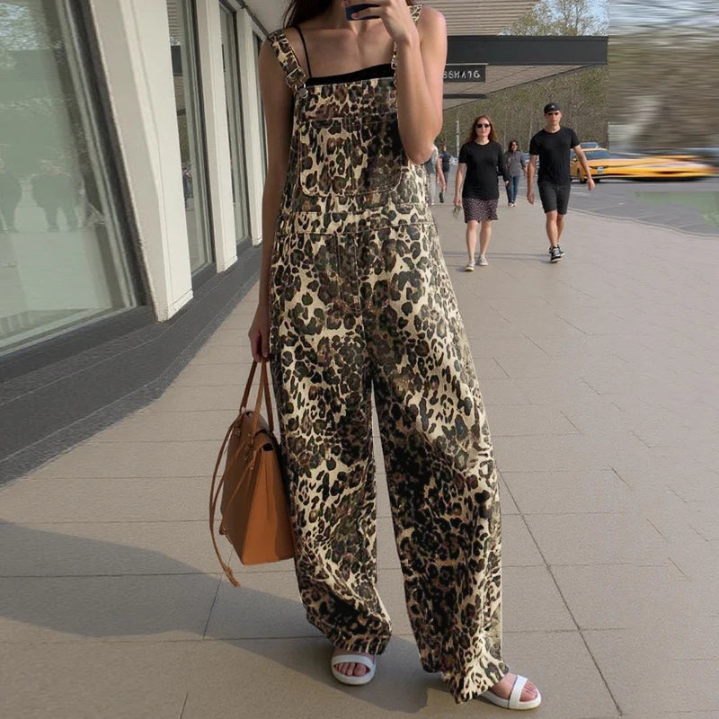 ZANZEA Casual Leopard Print Jumpsuits 2025 Summer Overalls Women Pockets Fashion Wide Leg Pants Loose Streetwear Long Rompers