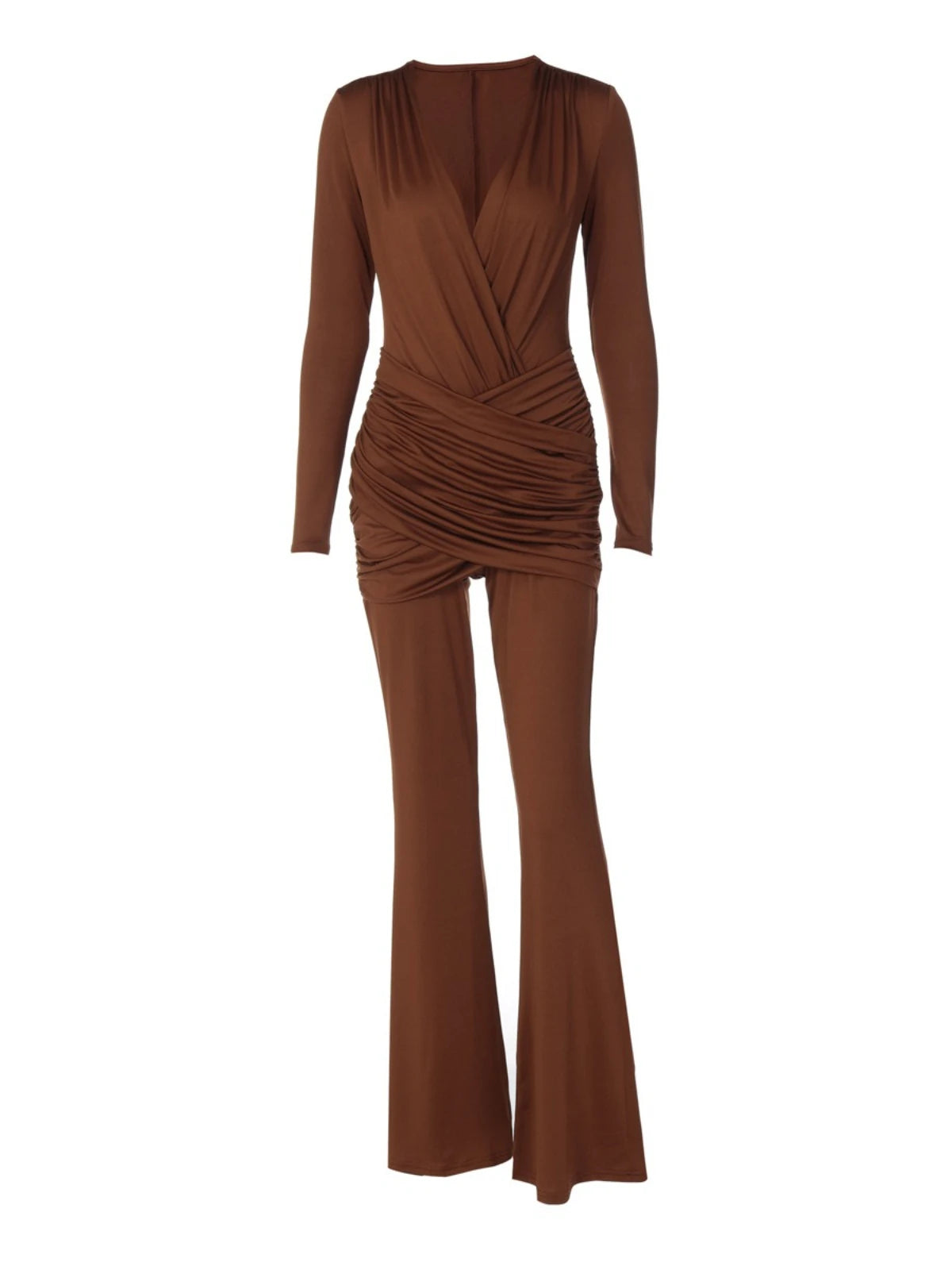 SsTss Solid Sexy Deep V Neck Long Sleeve Jumpsuits for Women 2025 Autumn Fashion Cross Ruched Slim Bodycon Flare Pants Rompers