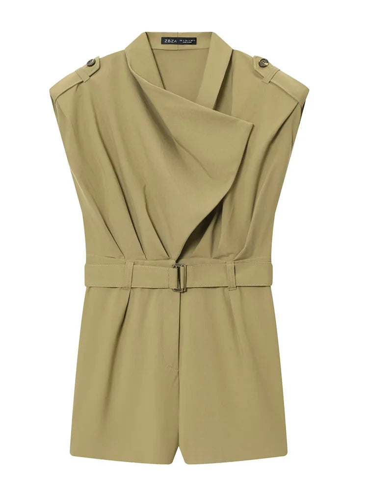 HH Women Fashion Slim Button Shoulder Pad Short Belt Decoration Jumpsuits Women Sexy Solid Sleeveless Zipper Jumpsuit Mujer
