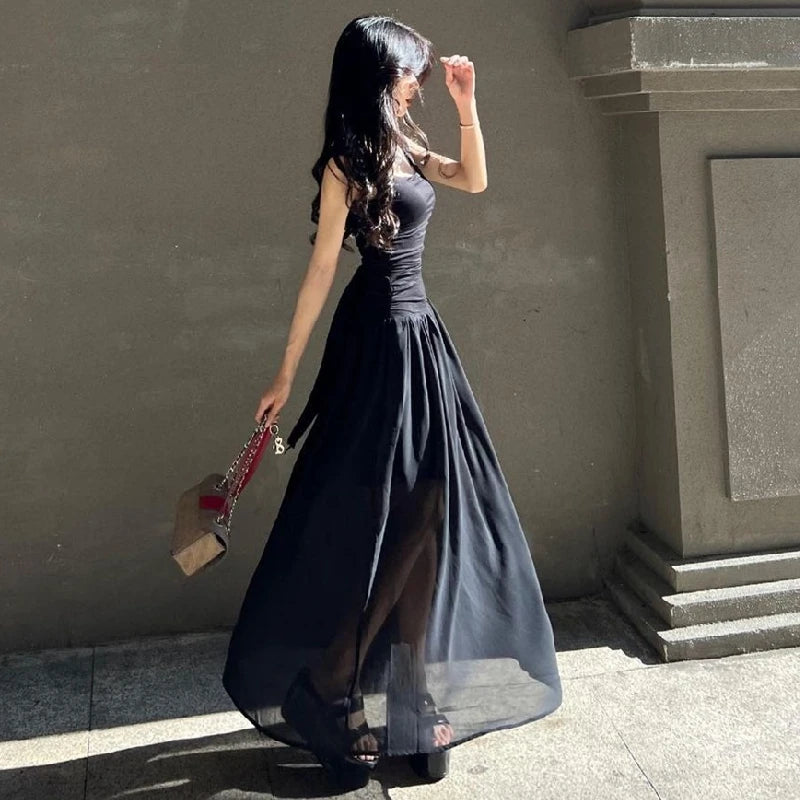 WhereMery Elegant Slip Long Dresses Sexy Women Ruched Bodycon Solid Maxi Dress Spring Y2K Summer Temperament High-waist Vestidos