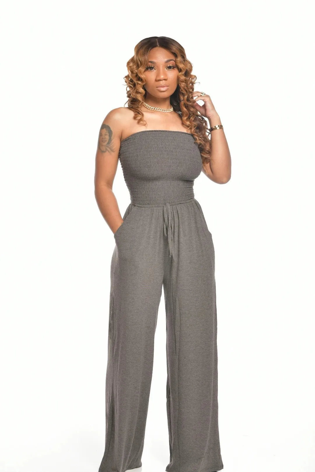 2025 Women Loose Wide Leg Pants Summer Female Drawstring Pocket Full Beachwear Trousers  Bodysuit Sexy Wrapped Chest Clothing