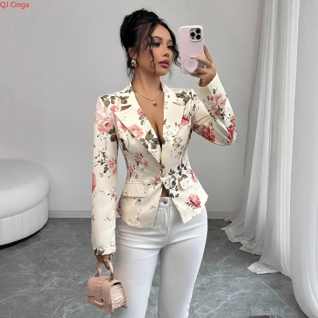 New Fall Collection White Women's Printed Blazer Jacket Stylish Slim-Fit Outerwear Asian Sizes Casual Coat S-XXL
