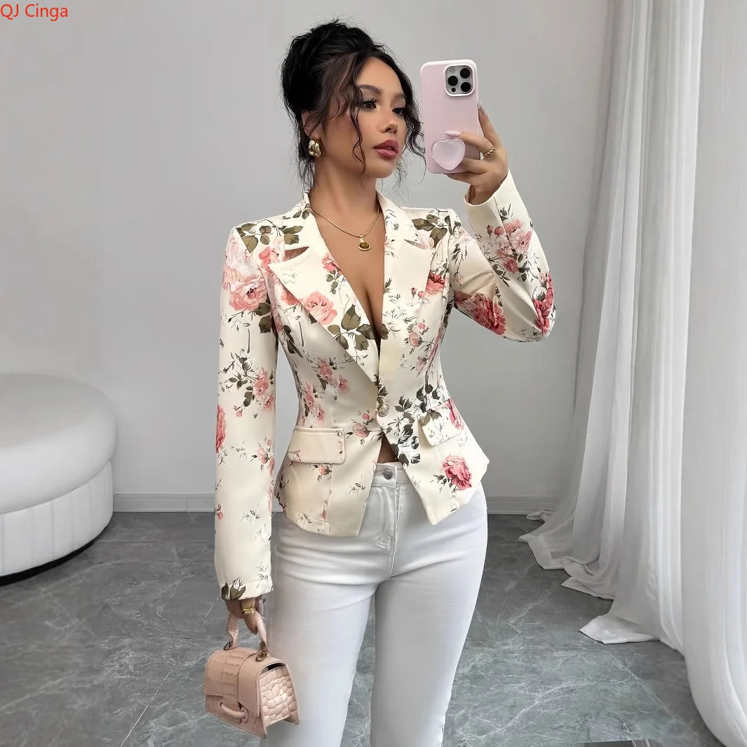New Fall Collection White Women's Printed Blazer Jacket Stylish Slim-Fit Outerwear Asian Sizes Casual Coat S-XXL