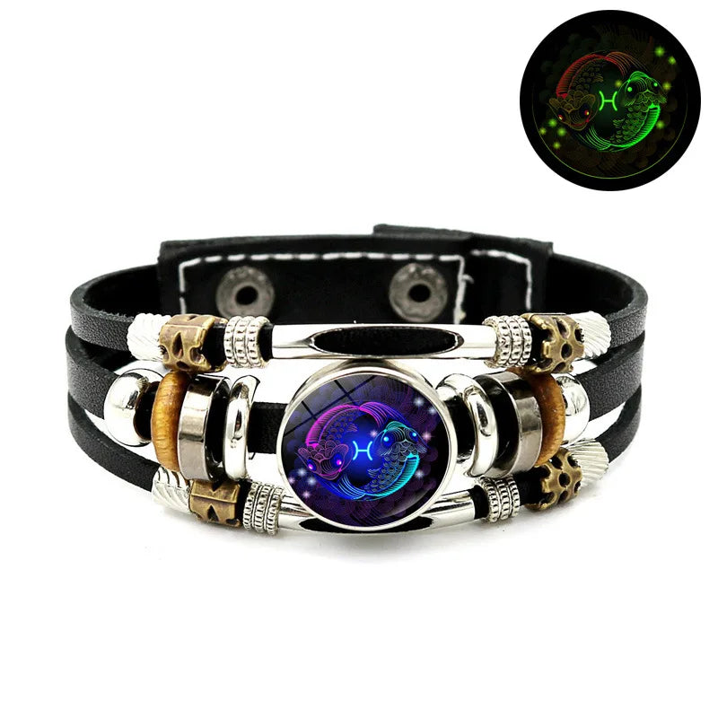 Constellations Luminous Leather Bracelet Retro Multi-layer Beaded Leather Bracelet Jewelry Gifts for Men Women Couples