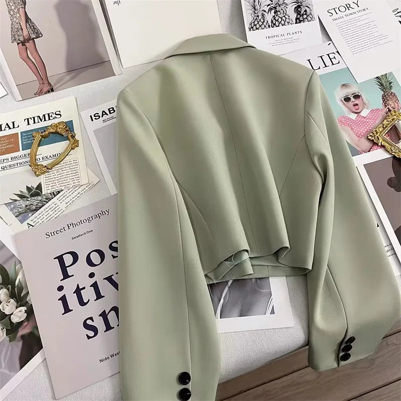 2025 Autumn Black Cropped Blazers Woman Trend New All-match Notched Collar Crop Jacket Women Korean Chic Single Button Suit Coat