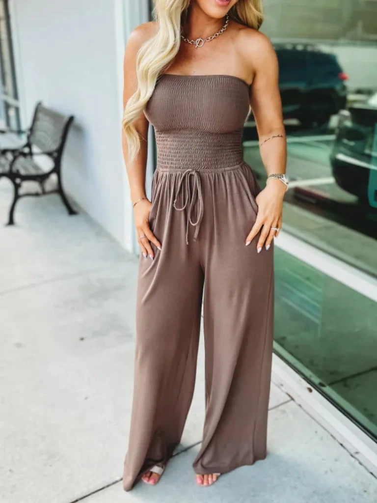 2025 Women Loose Wide Leg Pants Summer Female Drawstring Pocket Full Beachwear Trousers  Bodysuit Sexy Wrapped Chest Clothing