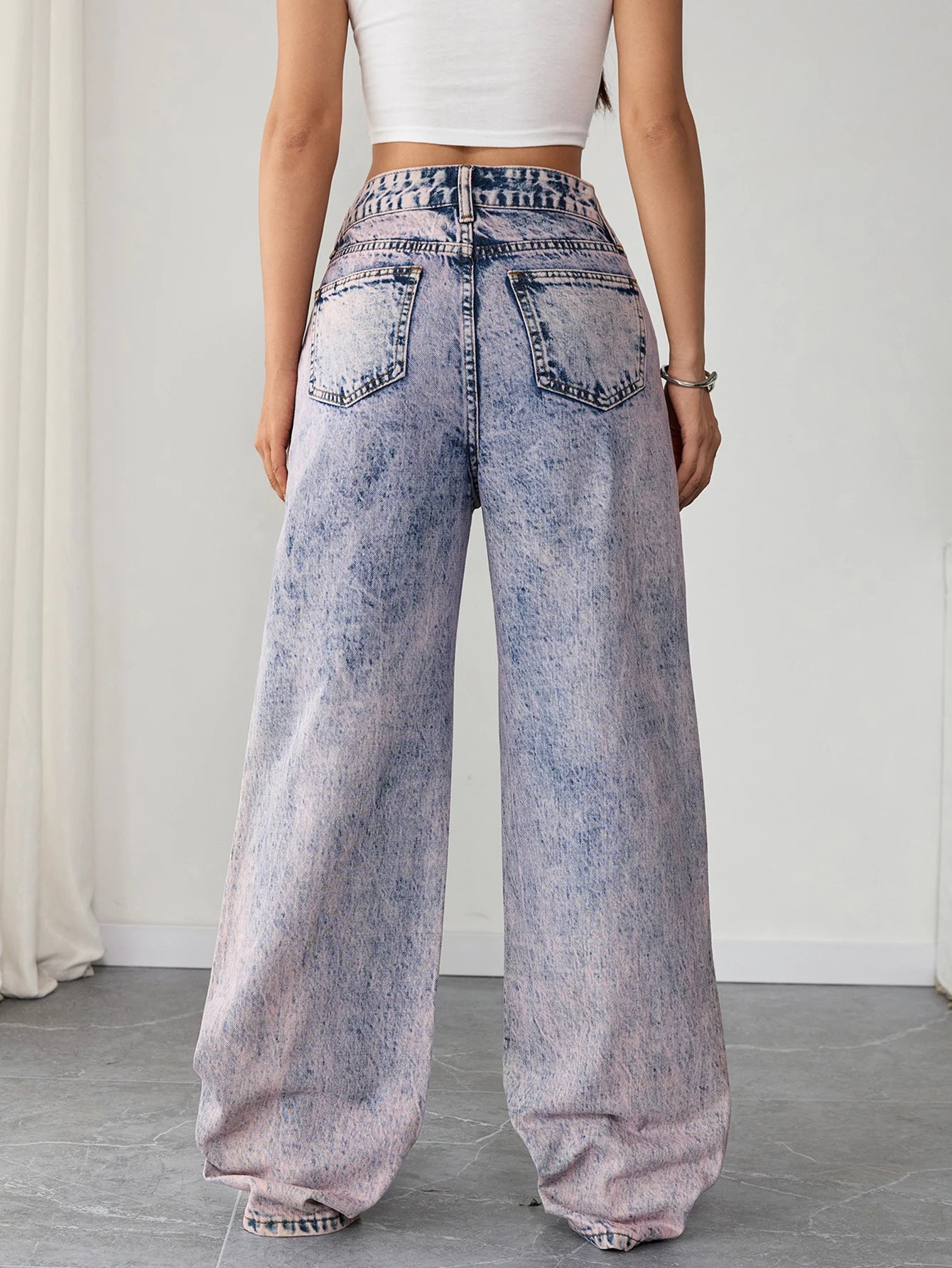 High Waist Vintage Acid Wash Denim Pants for Women Loose Fit Wide Leg Jeans Street Style Retro Y2K Clothing