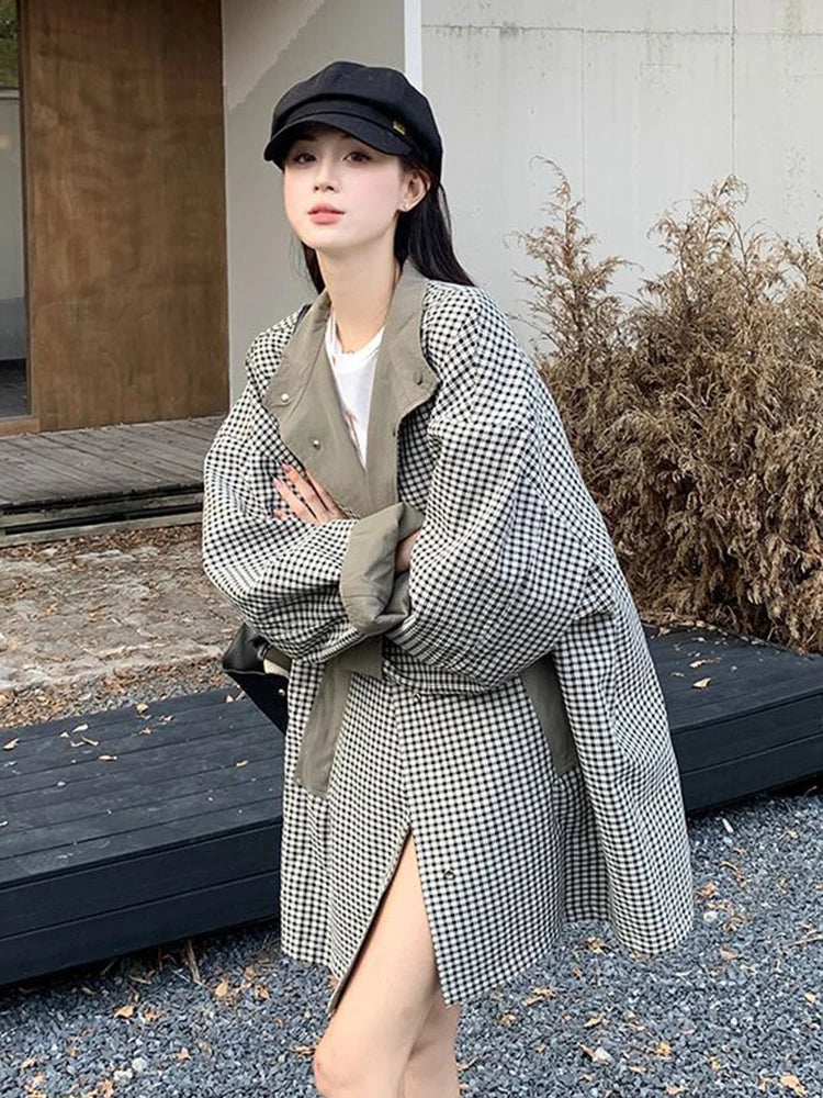 Zoki Korean Chic Elegant Jacket Women Loose Design Double Sided Wear Plaid Coat Fall Fashion Long Sleeve Sweet Pockets Outwear