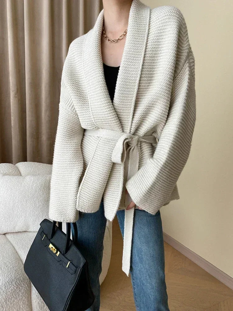 Knitted Cardigan Sweater Loose Lace Up Waist Retraction Oversized Cardigan Autumn New Grey Warm Fashion Coats for Women 2025