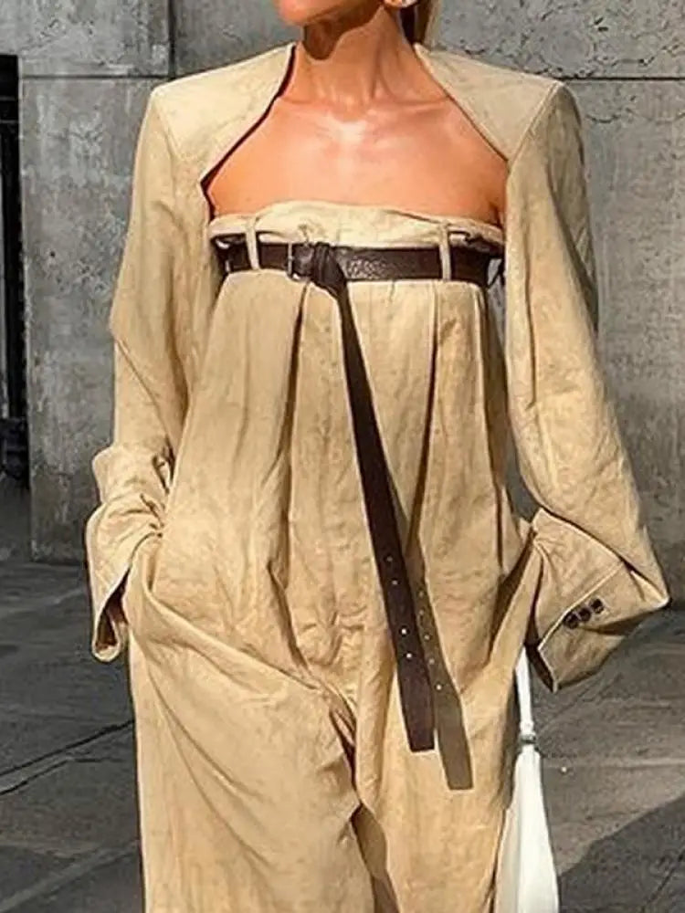 Freeacy 4 Colors Women's Jumpsuit Long Sleeve Outerwear and Belted One-piece Pants Solid Cotton Two-piece Set Loose Fit Coverall
