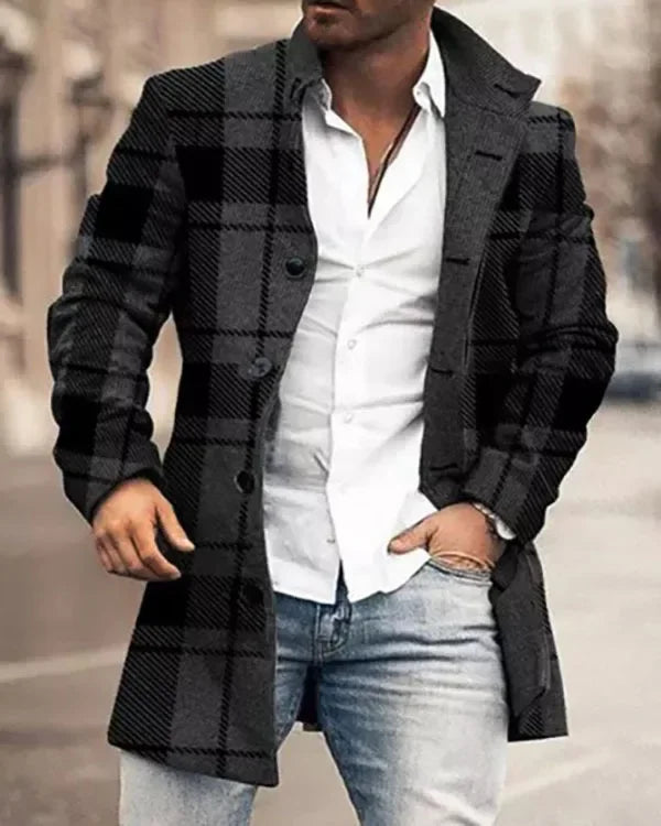 Autumn Winter Retro Print Woolen Coat Men Casual Single Breasted Lapel Long Sleeve Coat Men Fashion Loose Pocket Mid Long Jacket